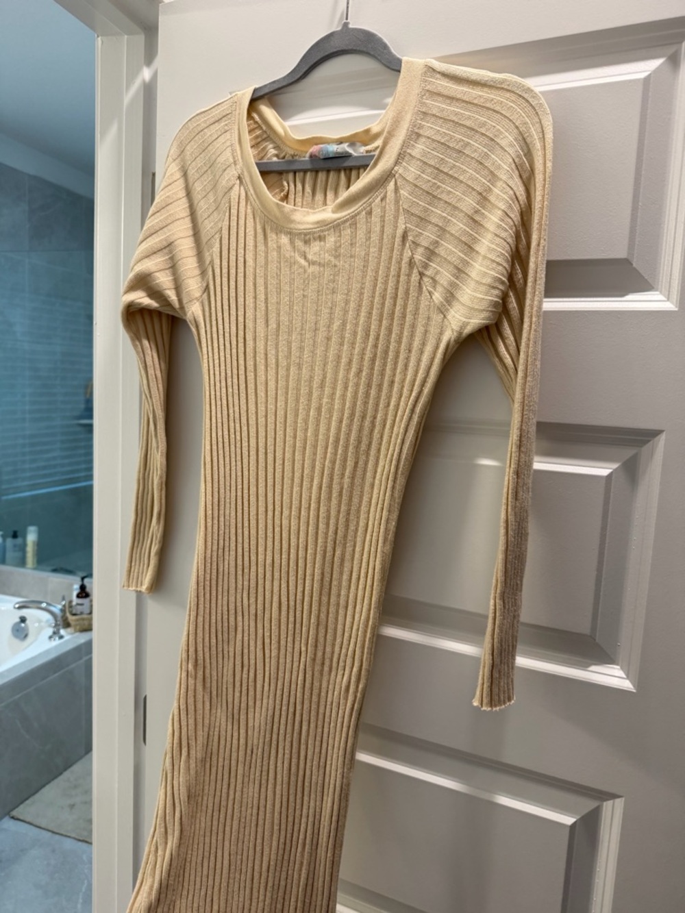 Slim Ribbed Long-Sleeve Knit Dress in Light Beige